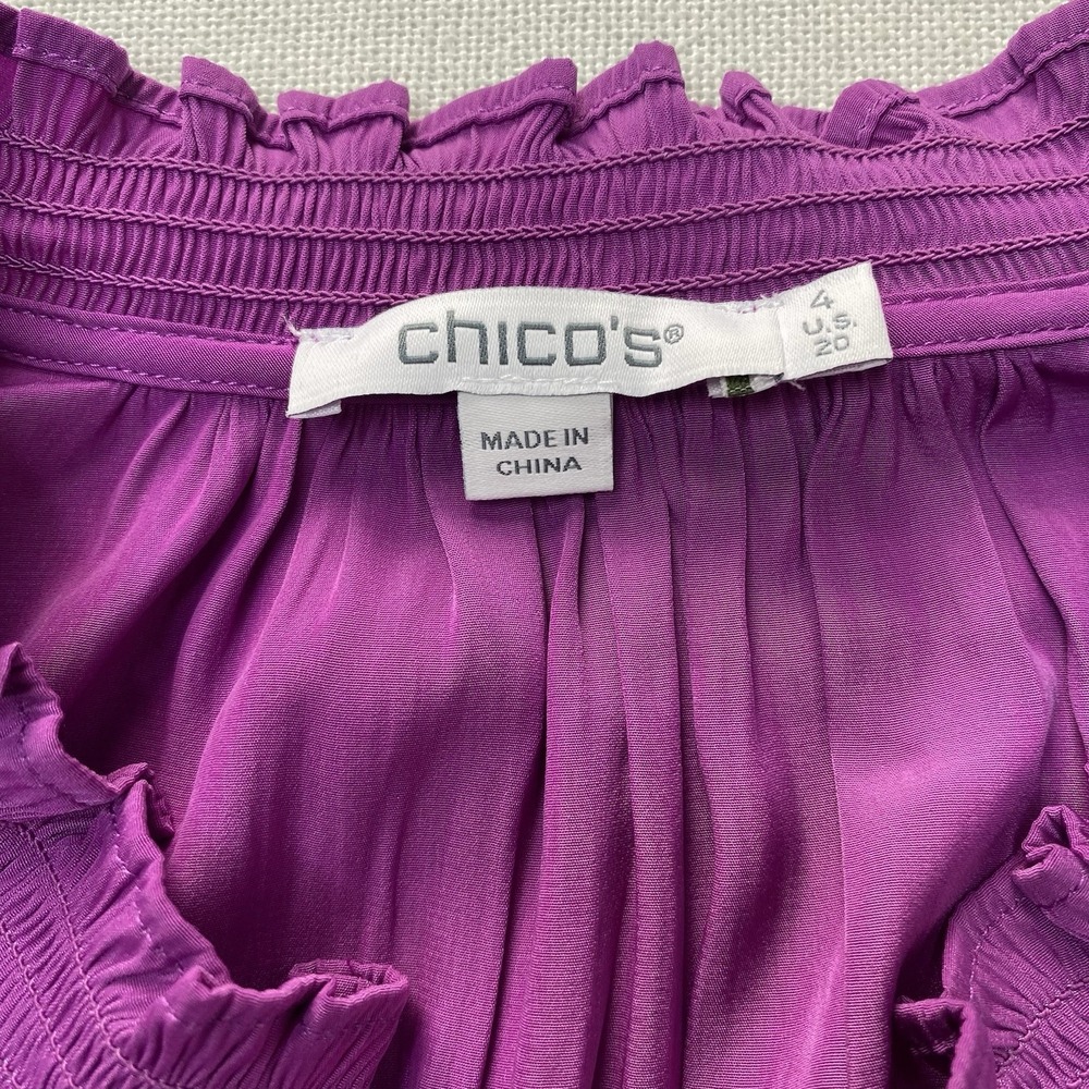 Chico's‎ Blouse 4 XXL Purple Tunic Top Mesh Studded Sleeve Ruffle Cuff V Neck - Picture 15 of 16